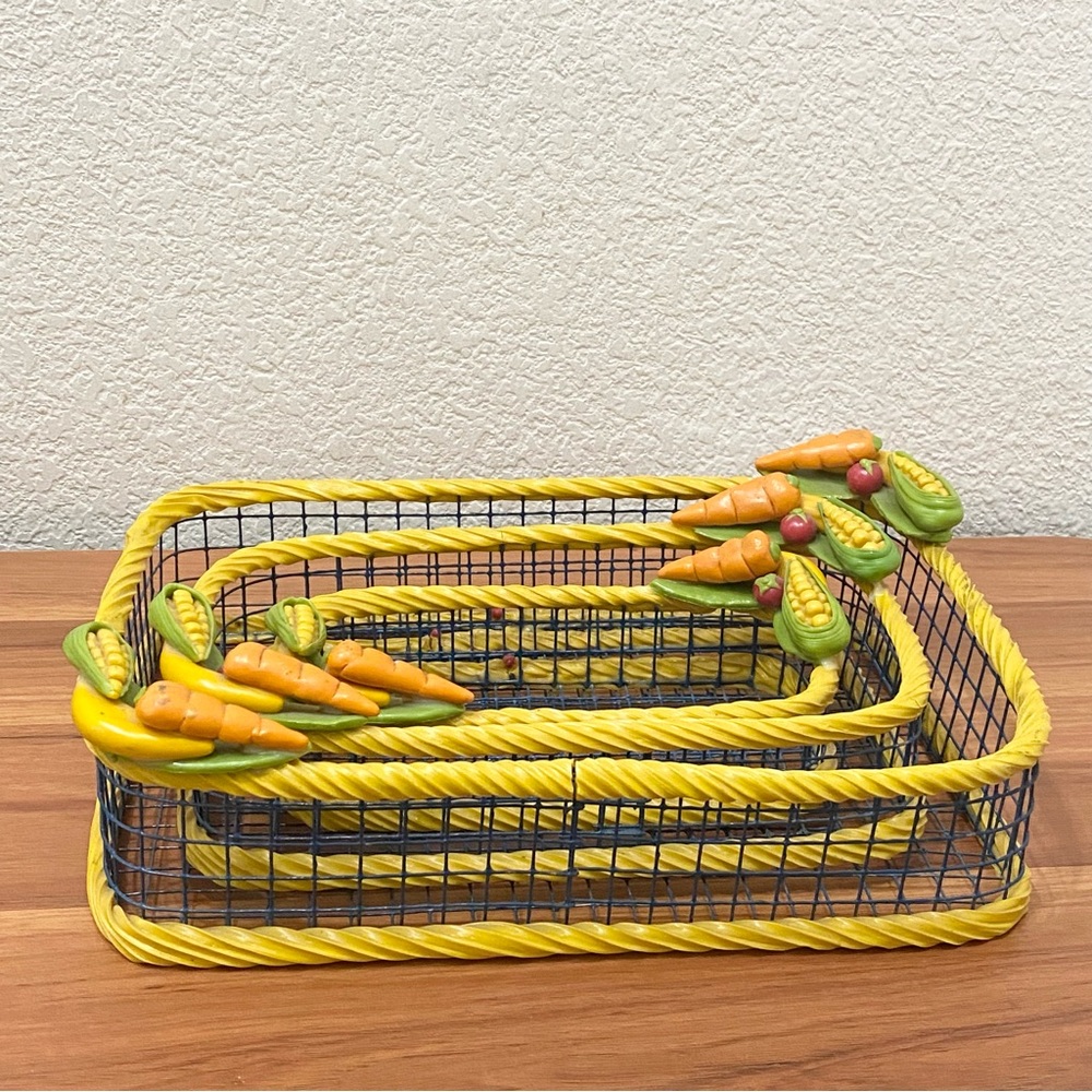 3pc Vintage Metal Wire Graduated  Nesting Basket W/ Carrot Corn & Tomato Design